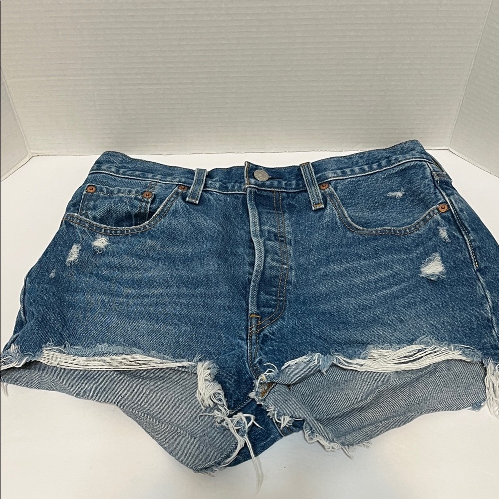 Levi's Distressed Dark Blue Cutoff Jean Shorts